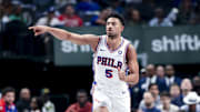 Mar 16, 2025; Dallas, Texas, USA;  Philadelphia 76ers guard Quentin Grimes (5) reacts after scoring against the Dallas Mavericks during the first half at American Airlines Center. Mandatory Credit: Kevin Jairaj-Imagn Images