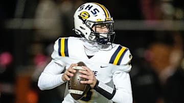 Saline quarterback Tommy Carr looks to pass against Belleville during the first half of district final at Belleville High School in Belleville on Friday, Nov. 8, 2024.