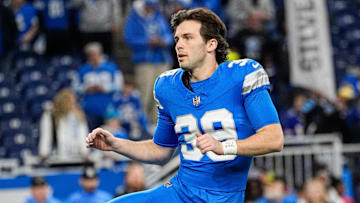 Detroit Lions place kicker Jake Bates (39) warms up before the NFC divisional round at Ford Field in Detroit on Saturday, Jan. 18, 2025.