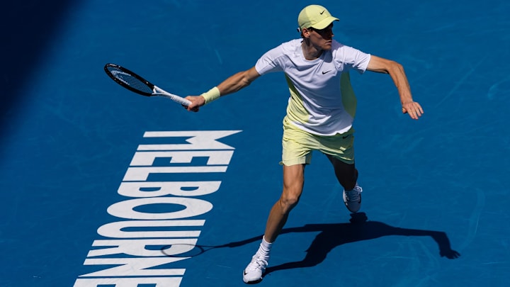 Jan 13, 2025; Melbourne, Victoria, Australia; Jannik Sinner of Italy hits a forehand during his match against Nicolas Jarry of Chile in the first round of the men's singles at the 2025 Australian Open at Melbourne Park. Mandatory Credit: Mike Frey-Imagn Images Jan 13, 2025; Melbourne, Victoria, Australia; Jannik Sinner of Italy hits a forehand during his match against Nicolas Jarry of Chile in the first round of the men's singles at the 2025 Australian Open at Melbourne Park. Mandatory Credit: Mike Frey-Imagn Images