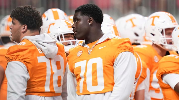 Tennessee offensive lineman David Sanders Jr. (70) on the sidelines during the Aflac Kickoff Game between the Volunteers and Syracuse held at Mercedes-Benz Stadium in Atlanta, Ga., on August 30, 2025.