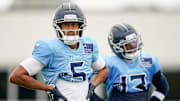 Tennessee Titans wide receiver Elic Ayomanor (5) watches his teammates during an NFL football training camp practice at Ascension Saint Thomas Sports Park in Nashville, Tenn., Sunday, Aug. 3, 2025.