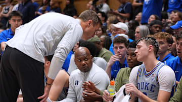 Army v Duke; Duke basketball head coach Jon Scheyer talks with forward Cooper Flagg