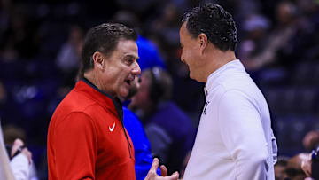Jan 7, 2025; Cincinnati, Ohio, USA; St. John's basketball head coach Rick Pitino talks with Xavier Musketeers head coach Sean Miller before the game at Cintas Center. 