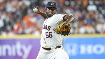 Jun 22, 2024; Houston, Texas, USA; Houston Astros starting pitcher Ronel Blanco (56) delivers a pitch during the second inning against the Baltimore Orioles at Minute Maid Park. Mandatory Credit: Troy Taormina-USA TODAY Sports