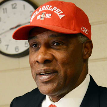 Apr 14, 2013; Philadelphia, PA, USA; Philadelphia 76ers former player Julius Erving speaks with the media before game against the Cleveland Cavaliers at the Wells Fargo Center. The 76ers are celebrating the 30th anniversary of the 1982-83 championship team. Mandatory Credit: Eric Hartline-Imagn Images