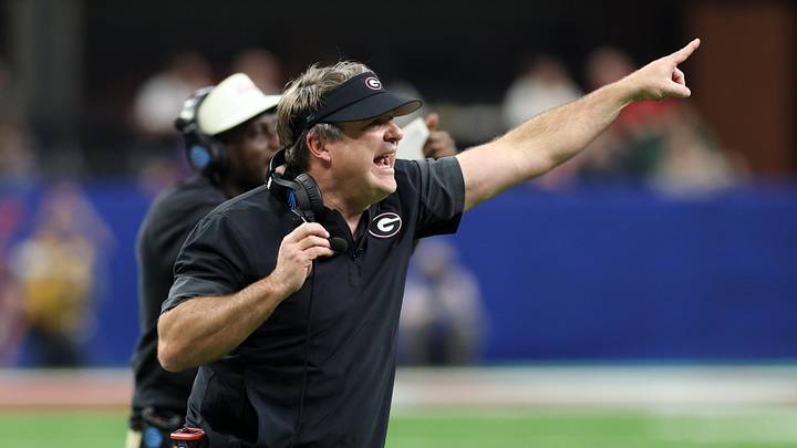 Jan 1, 2026; New Orleans, LA, USA; Georgia Bulldogs head coach Kirby Smart reacts after a play against the Mississippi Rebels in the third quarter during the 2026 Sugar Bowl and quarterfinal game of the College Football Playoff at Caesars Superdome. Mandatory Credit: Stephen Lew-Imagn Images