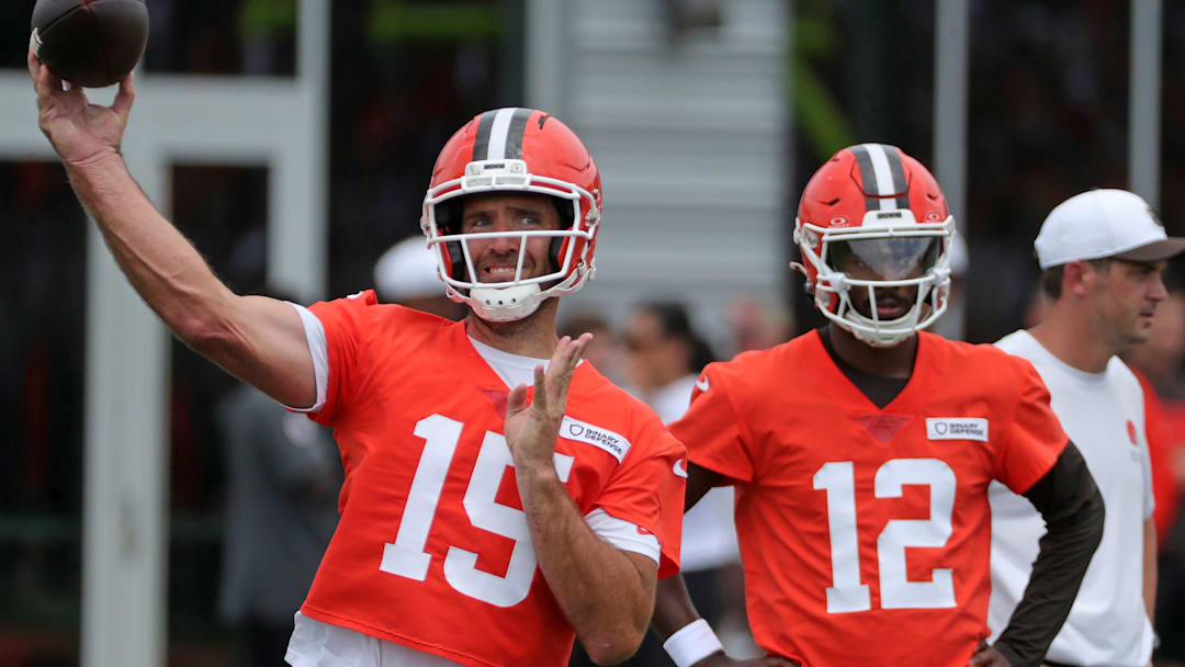 Joe Flacco throws as Shedeur Sanders looks on during Browns training camp July 25, 2025, in Berea, Ohio.