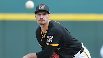 Mar 4, 2025; Bradenton, Florida, USA;  Pittsburgh Pirates starting pitcher Andrew Heaney (0) throws a pitch before the game against the Boston Red Sox at LECOM Park. Mandatory Credit: Kim Klement Neitzel-Imagn Images
