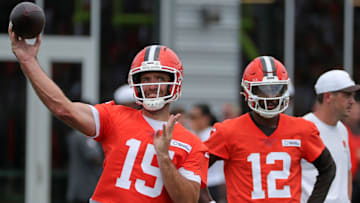 Joe Flacco throws as Shedeur Sanders looks on during Browns training camp July 25, 2025, in Berea, Ohio.