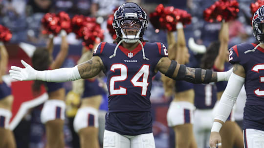 Oct 30, 2022; Houston, Texas, USA; Houston Texans cornerback Derek Stingley Jr. (24) on the field before the game against the Tennessee Titans at NRG Stadium. Mandatory Credit: Troy Taormina-Imagn Images