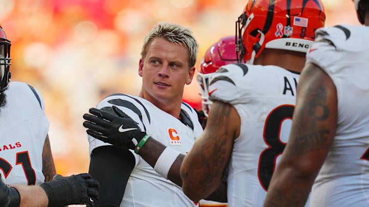 Sep 15, 2024; Kansas City, Missouri, USA; Cincinnati Bengals quarterback Joe Burrow (9) reacts during the second half against the Kansas City Chiefs at GEHA Field at Arrowhead Stadium. Mandatory Credit: Jay Biggerstaff-Imagn Images