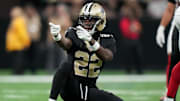 Oct 5, 2025; New Orleans, Louisiana, USA; New Orleans Saints wide receiver Rashid Shaheed (22) celebrates after a play against the New York Giants during the fourth quarter at Caesars Superdome. Mandatory Credit: Matthew Hinton-Imagn Images
