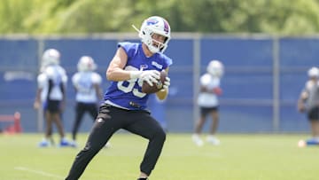 Jun 11, 2025; Orchard Park, NY, USA; Buffalo Bills wide receiver Stephen Gosnell (89) makes a catch during Minicamp at Highmark Stadium. Mandatory Credit: Gregory Fisher-Imagn Images