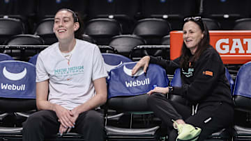 May 23, 2024; Brooklyn, New York, USA; New York Liberty forward Breanna Stewart (30) talks with head coach Sandy Brondello prior to the game against the Chicago Sky at Barclays Center. Mandatory Credit: Wendell Cruz-Imagn Images