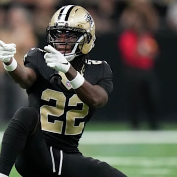 Oct 5, 2025; New Orleans, Louisiana, USA; New Orleans Saints wide receiver Rashid Shaheed (22) celebrates after a play against the New York Giants during the fourth quarter at Caesars Superdome. Mandatory Credit: Matthew Hinton-Imagn Images
