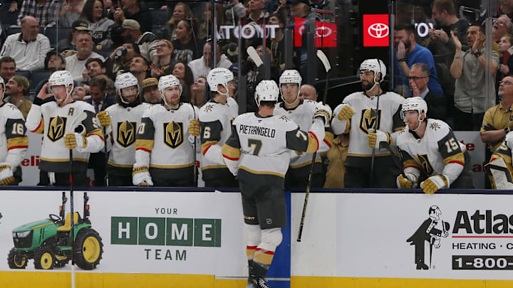 Mar 13, 2025; Columbus, Ohio, USA; Vegas Golden Knights defenseman Alex Pietrangelo (7) celebrates scoring an empty net goal against the Columbus Blue Jackets during the third period at Nationwide Arena. Mandatory Credit: Russell LaBounty-Imagn Images