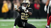 Oct 5, 2025; New Orleans, Louisiana, USA; New Orleans Saints wide receiver Rashid Shaheed (22) celebrates after a play against the New York Giants during the fourth quarter at Caesars Superdome. Mandatory Credit: Matthew Hinton-Imagn Images