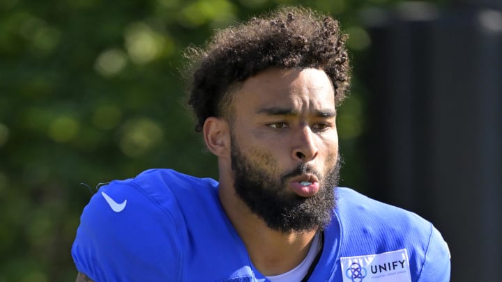 Jul 29, 2024; Los Angeles, CA, USA; Los Angeles Rams running back Kyren Williams (23) looks on during training camp at Loyola Marymount University. Mandatory Credit: Jayne Kamin-Oncea-USA TODAY Sports