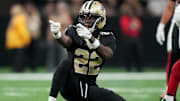 Oct 5, 2025; New Orleans, Louisiana, USA; New Orleans Saints wide receiver Rashid Shaheed (22) celebrates after a play against the New York Giants during the fourth quarter at Caesars Superdome. 