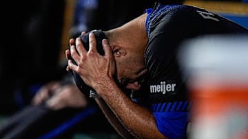 Detroit Tigers pitcher Jack Flaherty (9) reacts in the dugout after a pitching change during the fifth nning against Chicago White Sox at Comerica Park in Detroit on Friday, September 5, 2025.