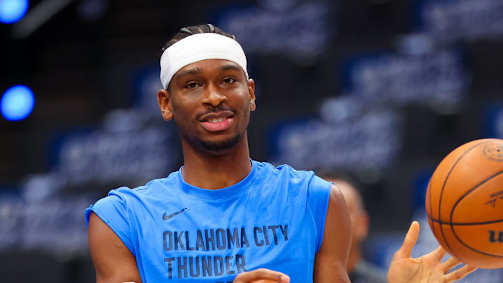 May 18, 2024; Dallas, Texas, USA; Oklahoma City Thunder guard Shai Gilgeous-Alexander (2) warms up before game six against the Dallas Mavericks in the second round of the 2024 NBA playoffs at American Airlines Center. Mandatory Credit: Kevin Jairaj-Imagn Images