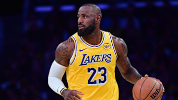 Los Angeles Lakers forward LeBron James (23) brings the ball up court against the Phoenix Suns during the second half at Crypto.com Arena. 