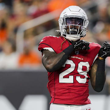 Aug 12, 2022; Cincinnati, Ohio, USA; Arizona Cardinals running back Jonathan Ward (29) reacts after scoring a touchdown against the Cincinnati Bengals in the first half at Paycor Stadium. Mandatory Credit: Katie Stratman-Imagn Images