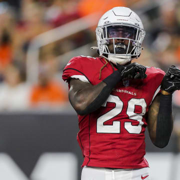Aug 12, 2022; Cincinnati, Ohio, USA; Arizona Cardinals running back Jonathan Ward (29) reacts after scoring a touchdown against the Cincinnati Bengals in the first half at Paycor Stadium. Mandatory Credit: Katie Stratman-USA TODAY Sports