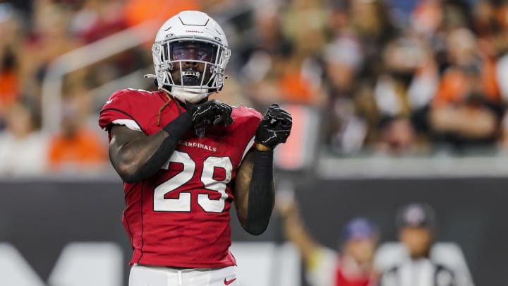 Aug 12, 2022; Cincinnati, Ohio, USA; Arizona Cardinals running back Jonathan Ward (29) reacts after scoring a touchdown against the Cincinnati Bengals in the first half at Paycor Stadium. Mandatory Credit: Katie Stratman-USA TODAY Sports