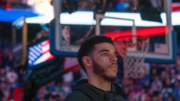 December 20, 2019; San Francisco, California, USA; New Orleans Pelicans guard Lonzo Ball (2) during the national anthem before the game against the Golden State Warriors at Chase Center. Mandatory Credit: Kyle Terada-USA TODAY Sports