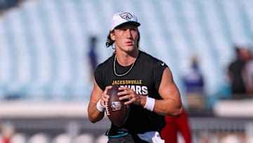 Aug 17, 2024; Jacksonville, Florida, USA; Jacksonville Jaguars quarterback Trevor Lawrence (16) warms up before a preseason game against the Tampa Bay Buccaneers at EverBank Stadium. 