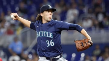 Jun 22, 2024; Miami, Florida, USA;  Seattle Mariners starting pitcher Logan Gilbert (36) pitches against the Miami Marlins in the first inning at loanDepot Park. Mandatory Credit: Rhona Wise-USA TODAY Sports