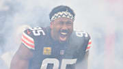 Cleveland Browns defensive end Myles Garrett (95) runs out during player introductions prior to a game against Baltimore Ravens at Huntington Bank Field. Mandatory Credit: Ken Blaze-Imagn Images