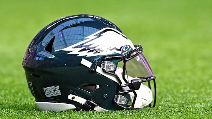 Oct 19, 2025; Minneapolis, Minnesota, USA; A general view of the Philadelphia Eagles helmet before the game against the Minnesota Vikings at U.S. Bank Stadium. 