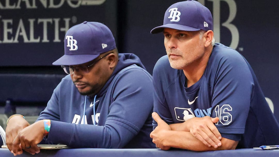 Apr 22, 2026; St. Petersburg, Florida, USA; Tampa Bay Rays manager Kevin Cash (16) during the eighth inning against the Cincinnati Reds at Tropicana Field.