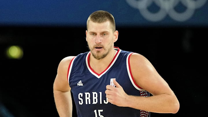 Aug 10, 2024; Paris, France; Serbia power forward Nikola Jokic (15) runs up the court against Germany in the men's basketball bronze medal game during the Paris 2024 Olympic Summer Games at Accor Arena. Mandatory Credit: Kyle Terada-Imagn Images Aug 10, 2024; Paris, France; Serbia power forward Nikola Jokic (15) runs up the court against Germany in the men's basketball bronze medal game during the Paris 2024 Olympic Summer Games at Accor Arena. Mandatory Credit: Kyle Terada-Imagn Images
