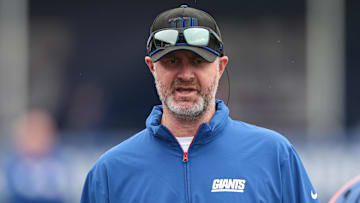 Jul 24, 2024; East Rutherford, NJ, USA; New York Giants defensive coordinator Shane Bowen looks on during training camp at Quest Diagnostics Training Facility. Mandatory Credit: Vincent Carchietta-Imagn Images