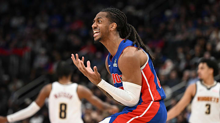 Feb 3, 2026; Detroit, Michigan, USA; Detroit Pistons guard Daniss Jenkins (24) reacts after being called for a foul against the Denver Nuggets in the fourth quarter at Little Caesars Arena. Mandatory Credit: Lon Horwedel-Imagn Images