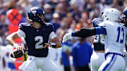 Aug 30, 2025; East Hartford, Connecticut, USA; Connecticut Huskies quarterback Joe Fagnano (2) throws a pass against the Central Connecticut State Blue Devils in the first half at Pratt & Whitney Stadium at Rentschler Field. Mandatory Credit: David Butler II-Imagn Images