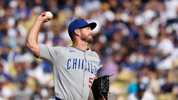Chicago Cubs starting pitcher Colin Rea throws a pitch against the Los Angeles Dodgers in 2025.