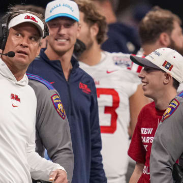 Dec 30, 2023; Atlanta, GA, USA; Mississippi Rebels head coach Lane Kiffin shown at the end of the game against the Penn State Nittany Lions during the second half at Mercedes-Benz Stadium. Mandatory Credit: Dale Zanine-USA TODAY Sports