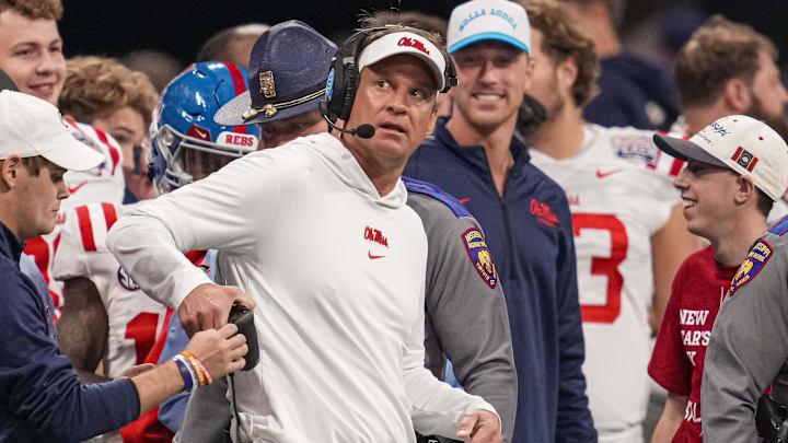 Dec 30, 2023; Atlanta, GA, USA; Mississippi Rebels head coach Lane Kiffin shown at the end of the game against the Penn State Nittany Lions during the second half at Mercedes-Benz Stadium. Mandatory Credit: Dale Zanine-Imagn Images