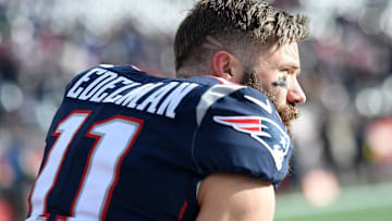 Dec 29, 2019; Foxborough, Massachusetts, USA;  New England Patriots wide receiver Julian Edelman (11) takes a knee during warmups prior to a game against the Miami Dolphins at Gillette Stadium. Mandatory Credit: Bob DeChiara-Imagn Images