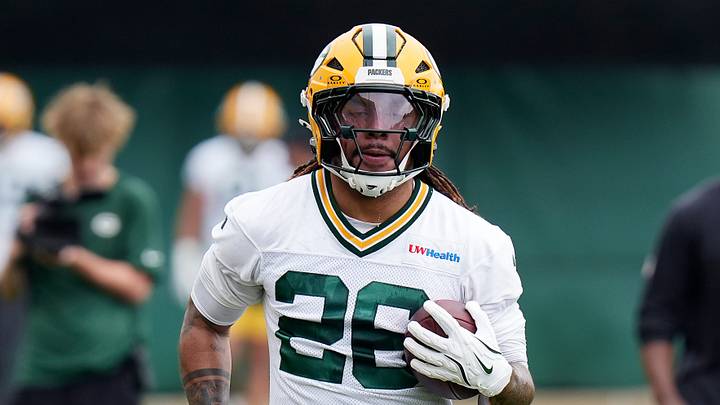 Green Bay Packers running back Damien Martinez (26) runs drills during the first day of a three-day minicamp at the Don Hutson Center in Ashwaubenon, Wisconsin on Tuesday, June 9, 2026.