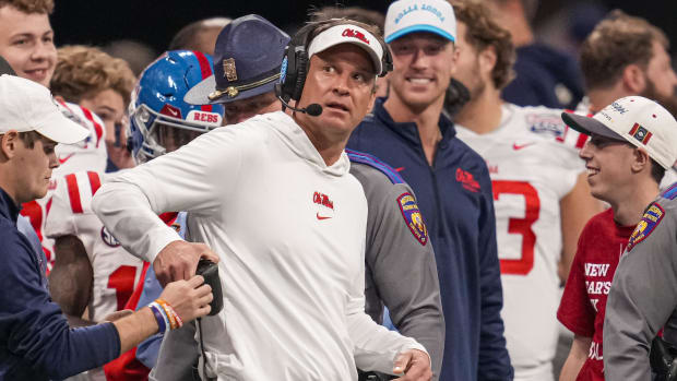 Lane Kiffin coaches the Ole Miss football team against Penn State in the 2023 Peach Bowl