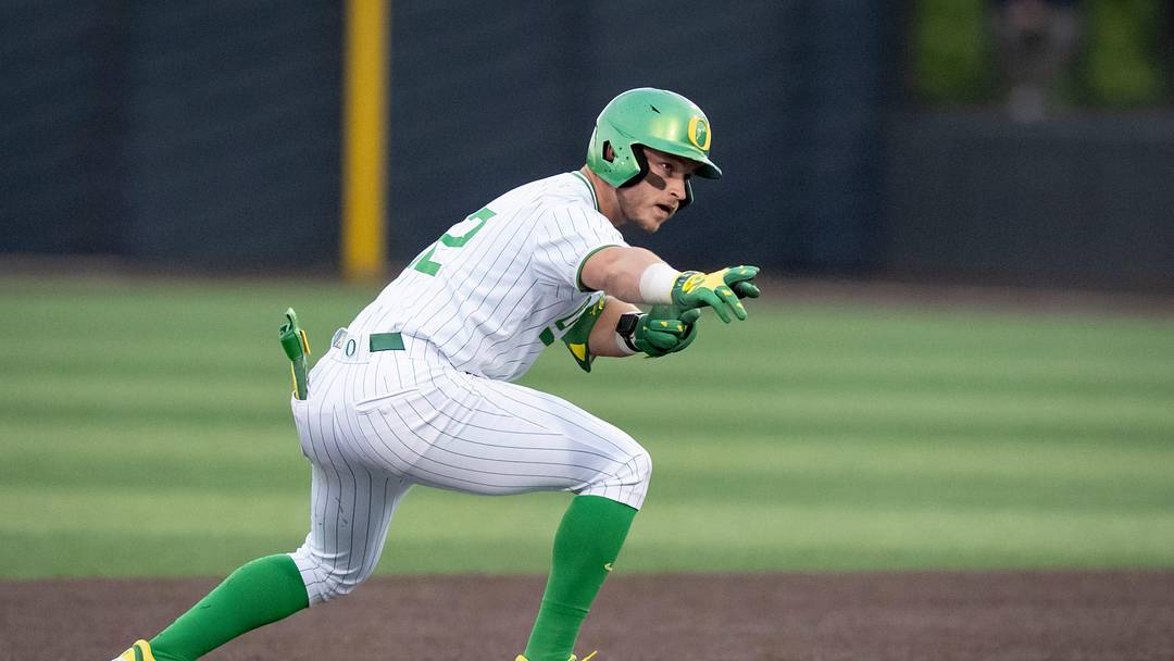 Oregon infielder Ryan Cooney celebrates a double as the Oregon Ducks host the USC Trojans on May 14, 2026, in Eugene, Oregon.
