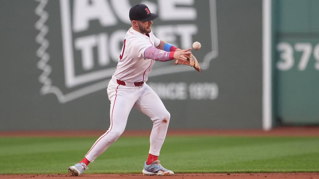 May 7, 2026; Boston, Massachusetts, USA; Boston Red Sox shortstop Trevor Story (10) throws to second base to start a double play against the Tampa Bay Rays during the first inning at Fenway Park. Mandatory Credit: Gregory Fisher-Imagn Images