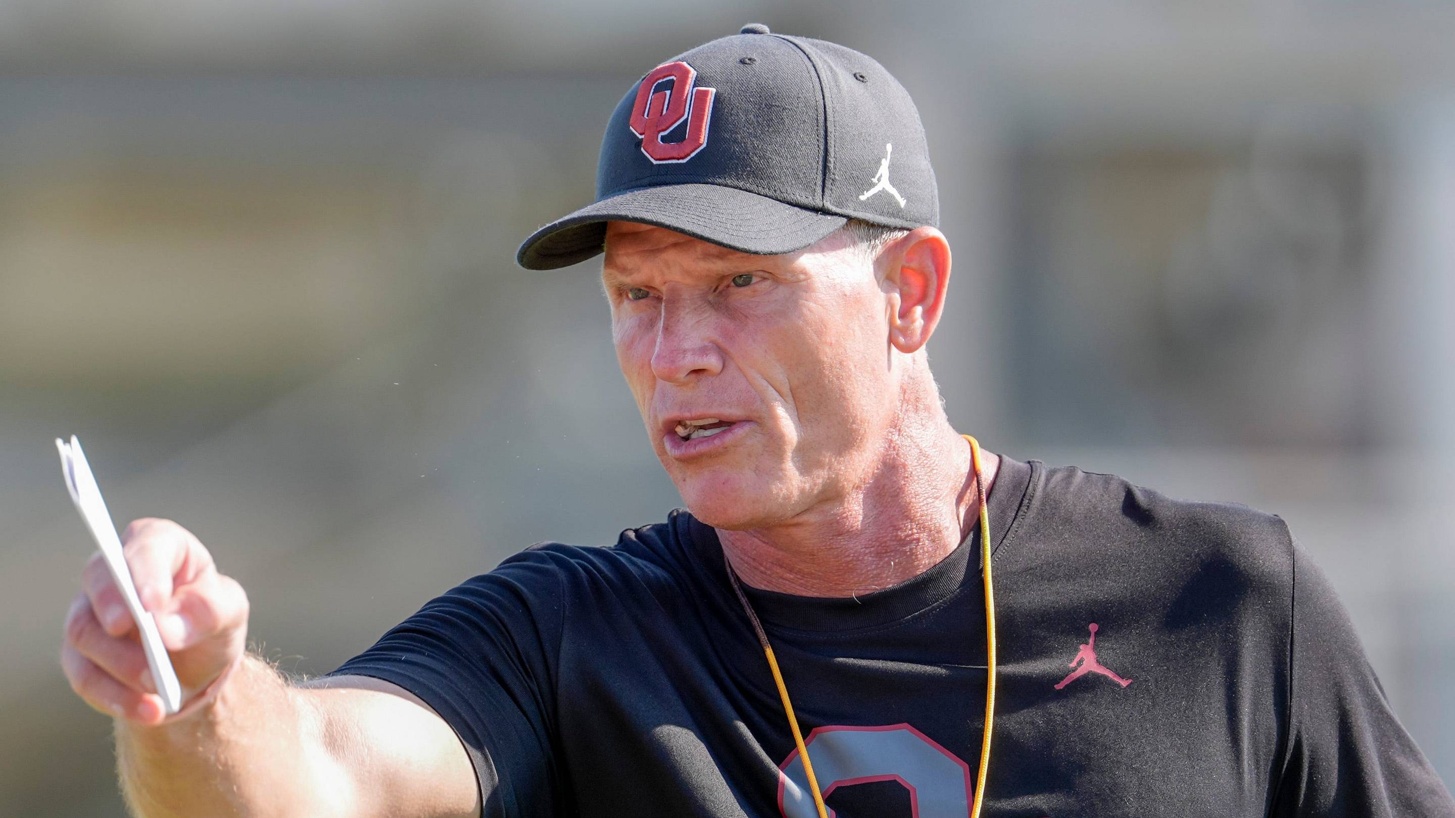 Oklahoma head coach Brent Venables runs drills during an OU Football practice in Norman, Okla.