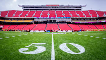 Dec 26, 2021; Kansas City, Missouri, USA;  Empty stands at the fifty yard line are seen before a game between the Kansas City Chiefs and the Pittsburgh Steelers at Arrowhead Stadium.